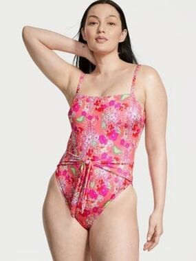 Victoria's Secret Women's Coral Pink Floral One Piece Tie Front Swimsuit S